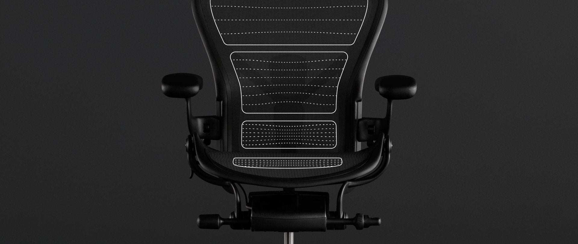 通过黑色Aeron座椅的动态效果图演示座椅上的悬架支撑材料8Z Pellicle的人体工程学优势。